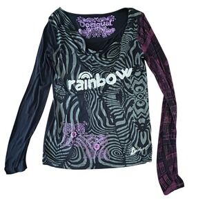 DESIGUAL Rainbow New Sequin Asymmetric Knit TOP S Beaded Funky Whimsigoth Black